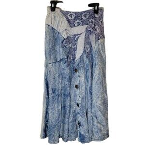 Vintage 80s Handmade Patchwork Applique Lace Denim Acid Wash Midi Skirt OOAK S-M
